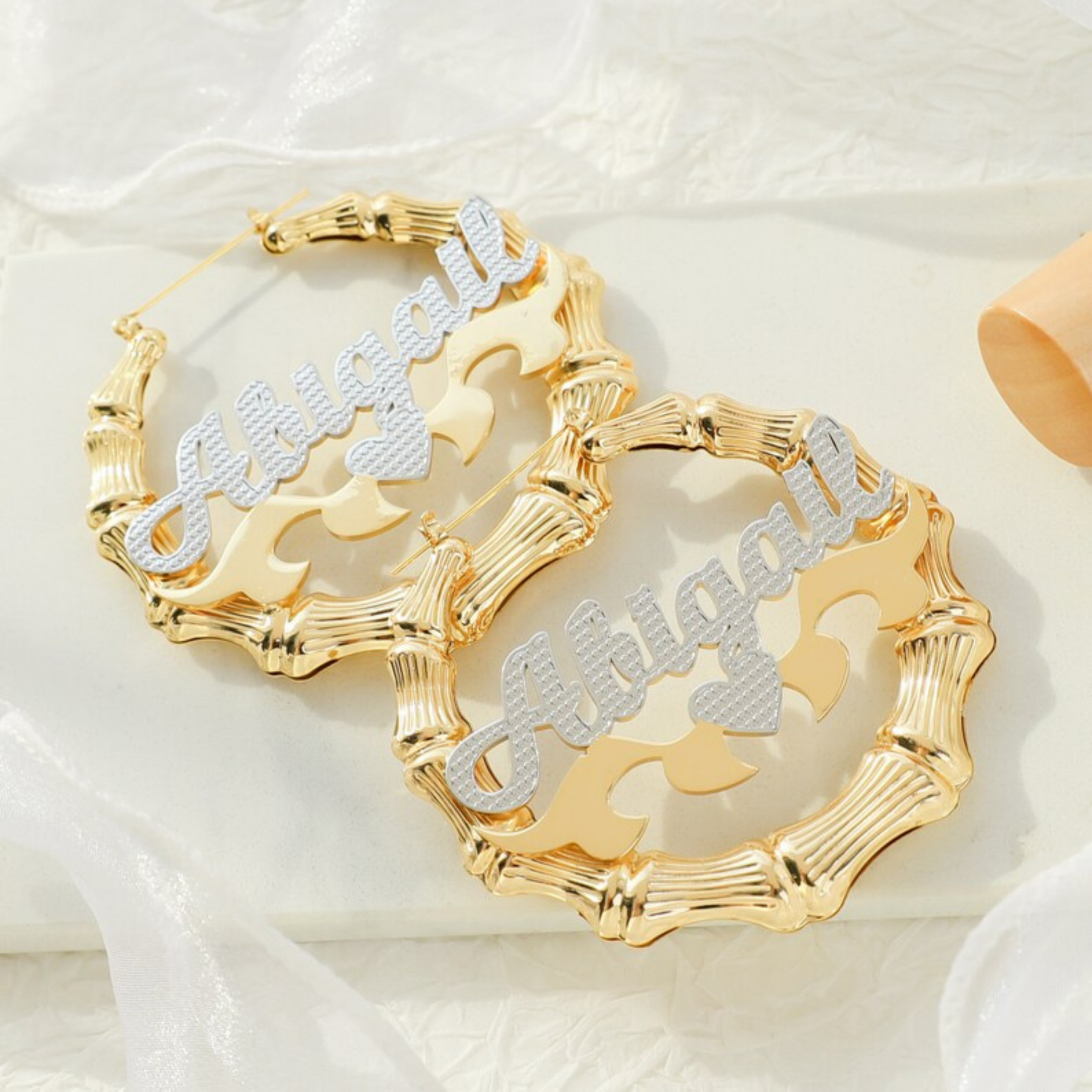 Two Toned Heart Bamboo Name Hoops