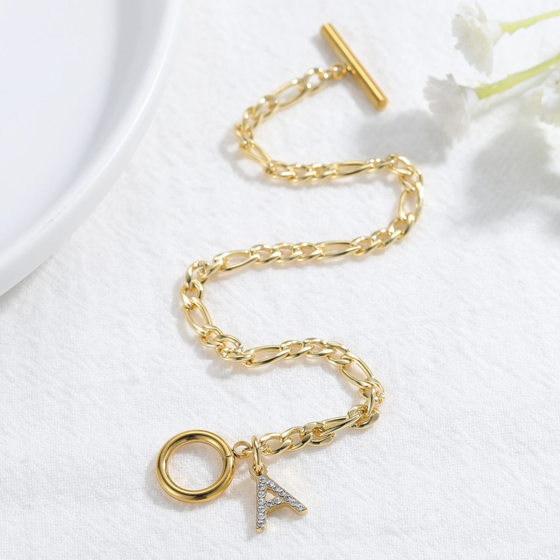 Iced Initial Bracelet w/ Figaro Chain