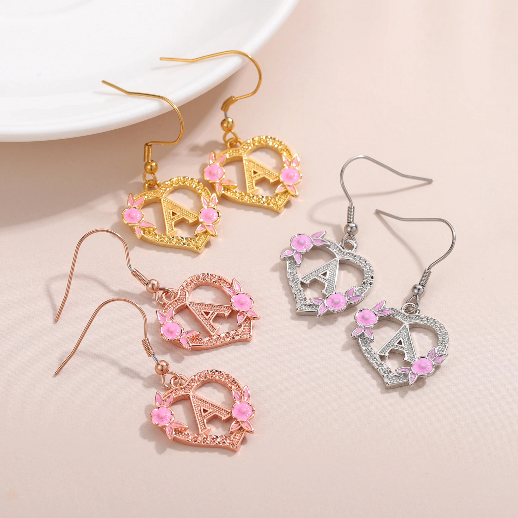 Initial Floral Heart Drop Earrings