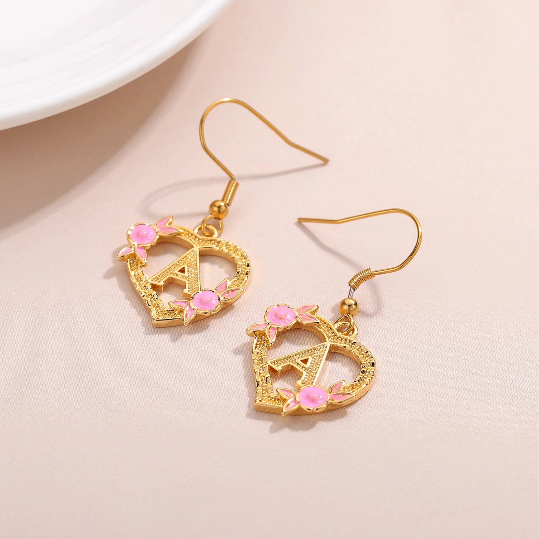 Initial Floral Heart Drop Earrings