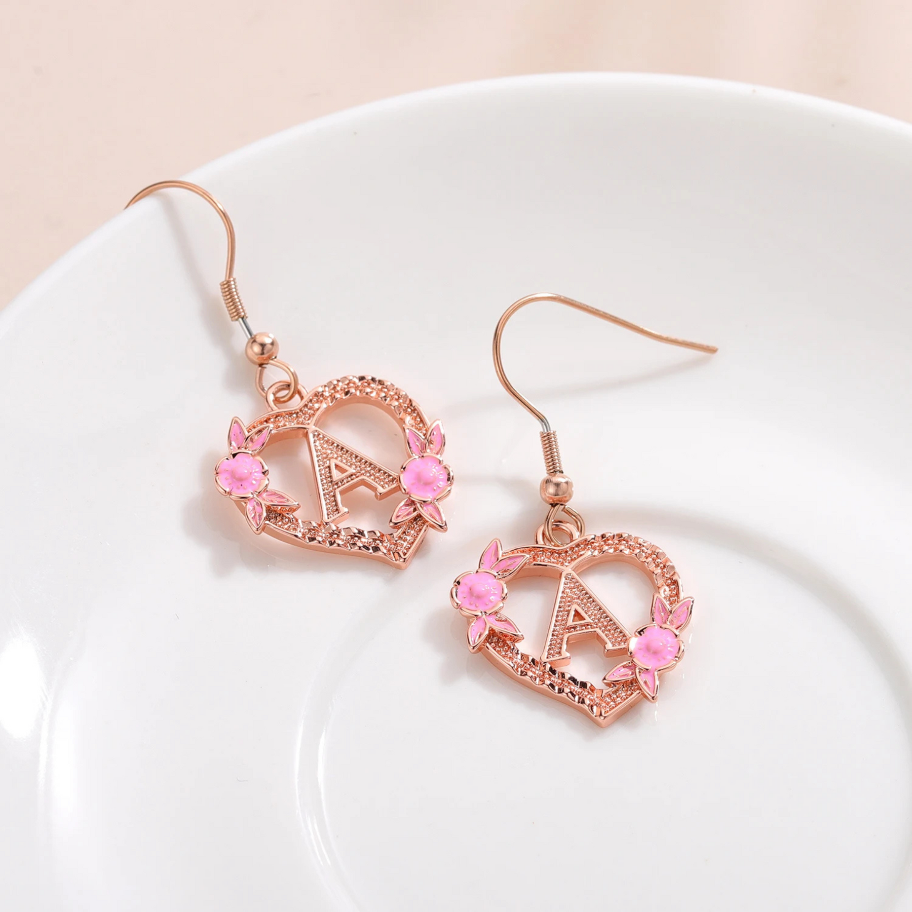 Initial Floral Heart Drop Earrings