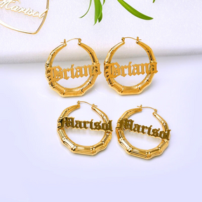 Old English Bamboo Name Hoop Earrings