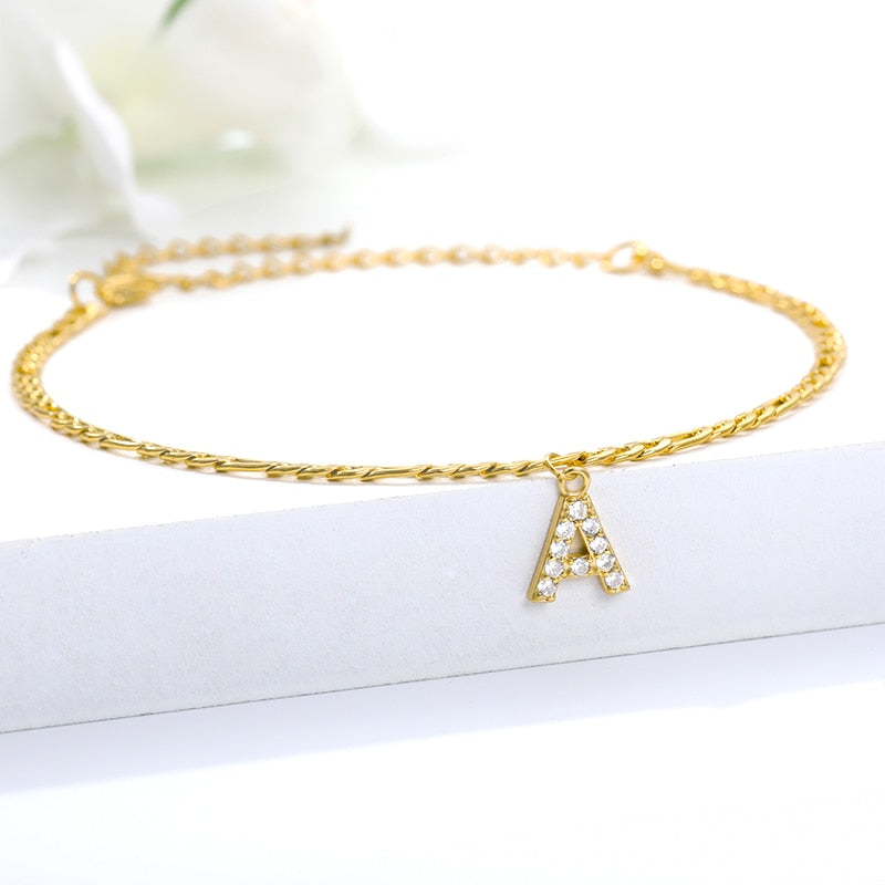 Crystal Initial Anklet w/ Figaro Chain